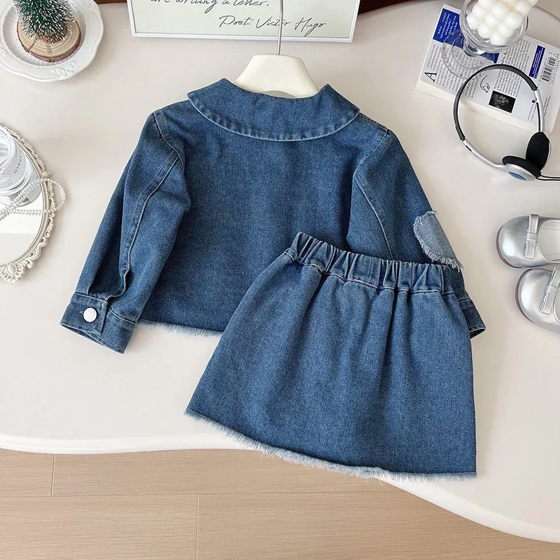 Girls Denim Skirt Suit Autumn Coat Outfit