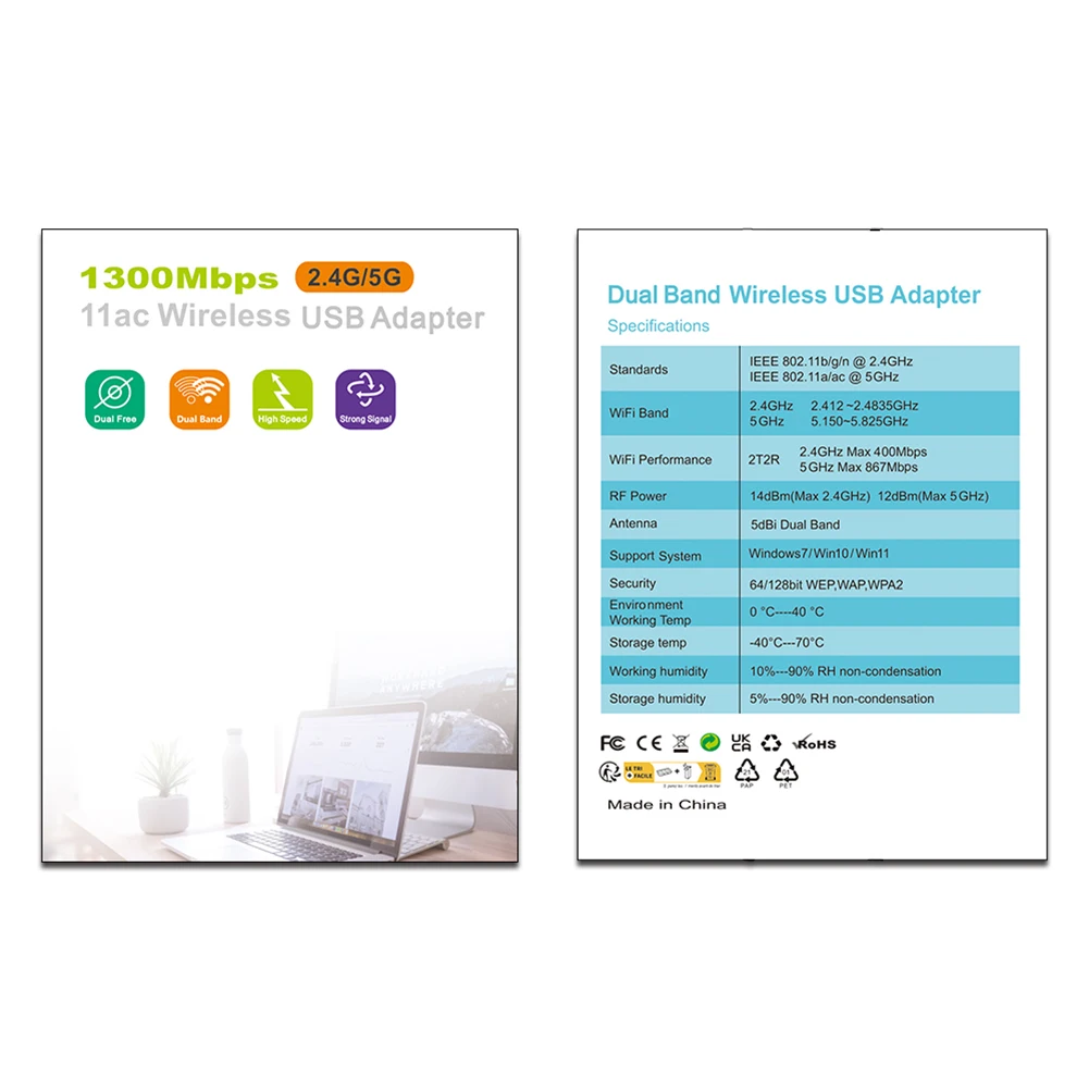 듀얼 밴드 USB 와이파이 어댑터, 데스크톱 윈도우 XP, 비스타, 11/10, 1300Mbps, 2.4, 5Ghz