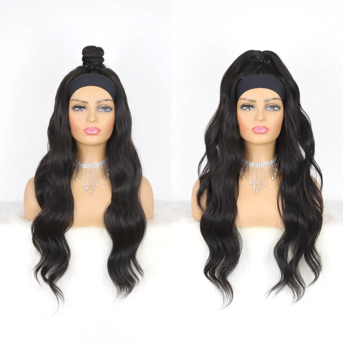Black Body Wave Headband Wig Long Wavy Synthetic Wigs Synthetic Bouncy Wavy Wigs for Women Daily Party Wear