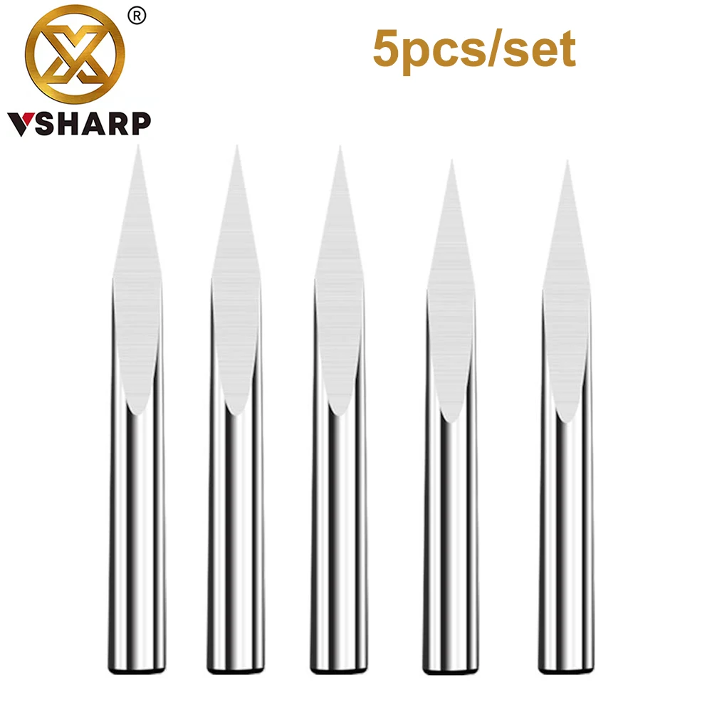 

Vsharp 5pcs/set Tungsten Carbide Steel Engraving Carving Tool Triangular Sharp End Mill for Solid Wood Plastic Acrylic PVC MDF