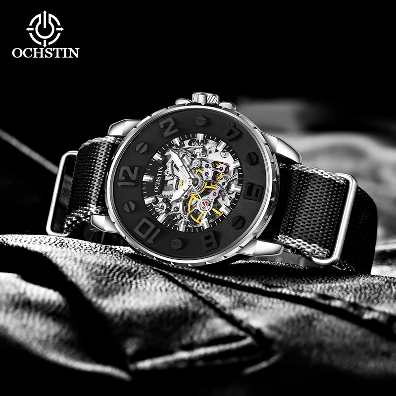 ochstin new 2024 creative nylon series business light luxury watches skeleton mechanical movement men's mechanical watches
