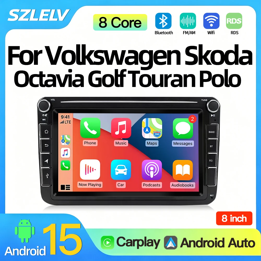 Autoradio Android 15 SZLELV per Volkswagen VW Skoda Octavia Golf Touran Polo, Lettore Multimediale con GPS e Carplay, Stereo 2Din