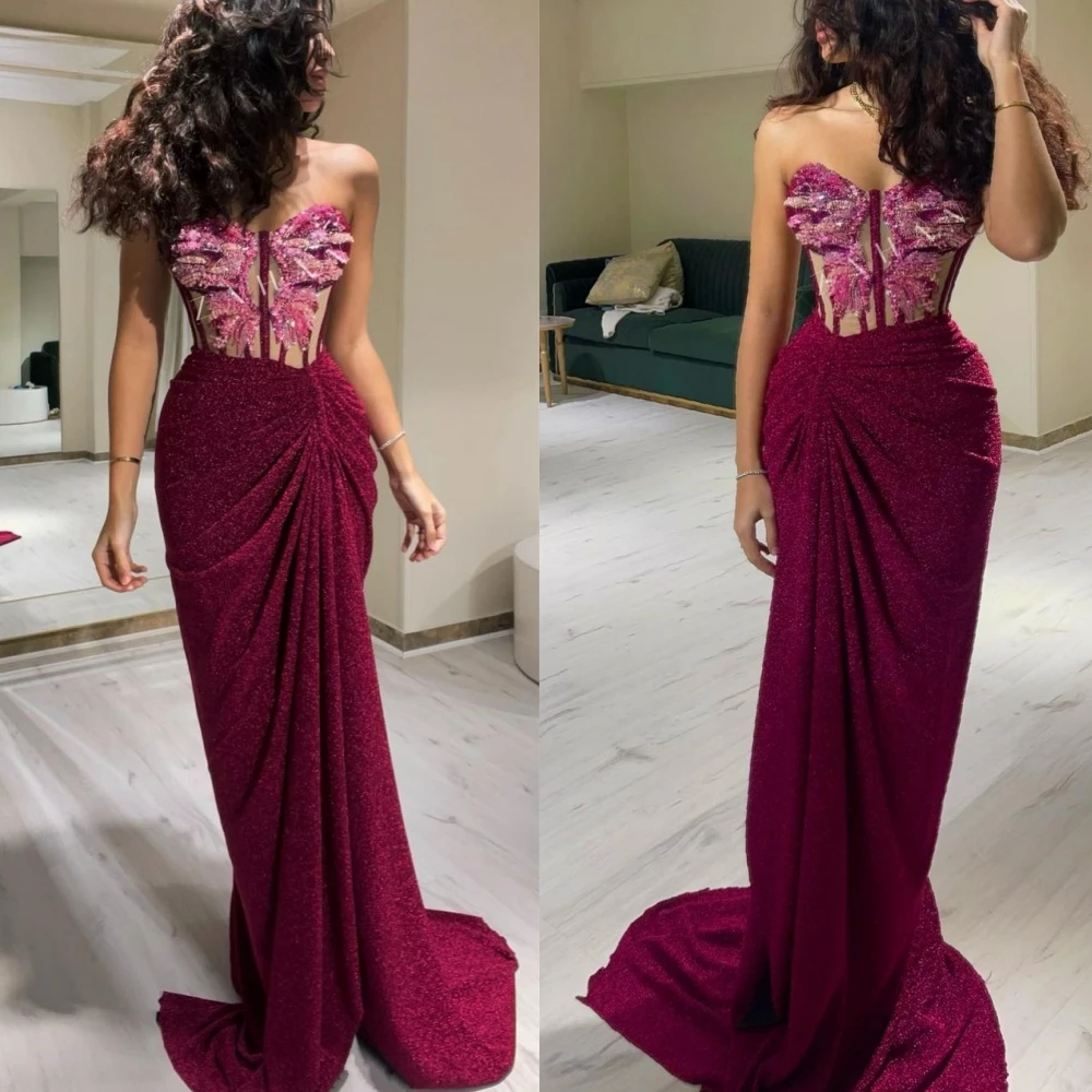 

Elegant sexy Strapless Sheath Party Dresses Beading Paillette / Sequins Fold Hugging Satin Floor length Retro Evening