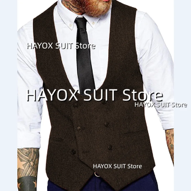 Men's Slim Fit Suit Vest Double Breasted Herringbone Tweed Tank TopSleeveless Jackets Vintage Tooling Tuxedo 4