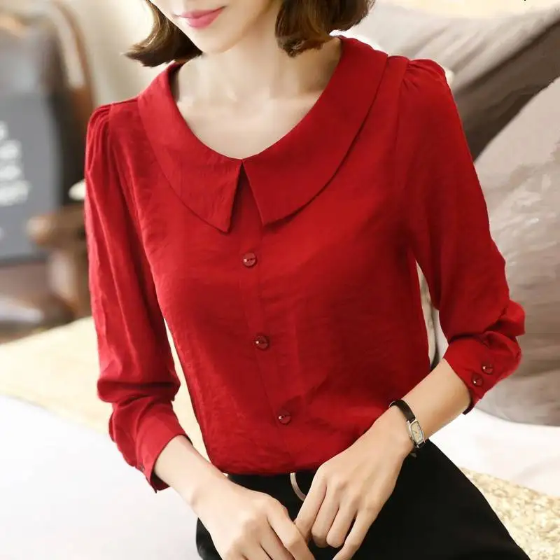 2023 Spring Autumn New Solid Color Shirt Women Fashion Doll Collar Long Sleeve Button Blouse Elegant Cute Casual All-match Tops