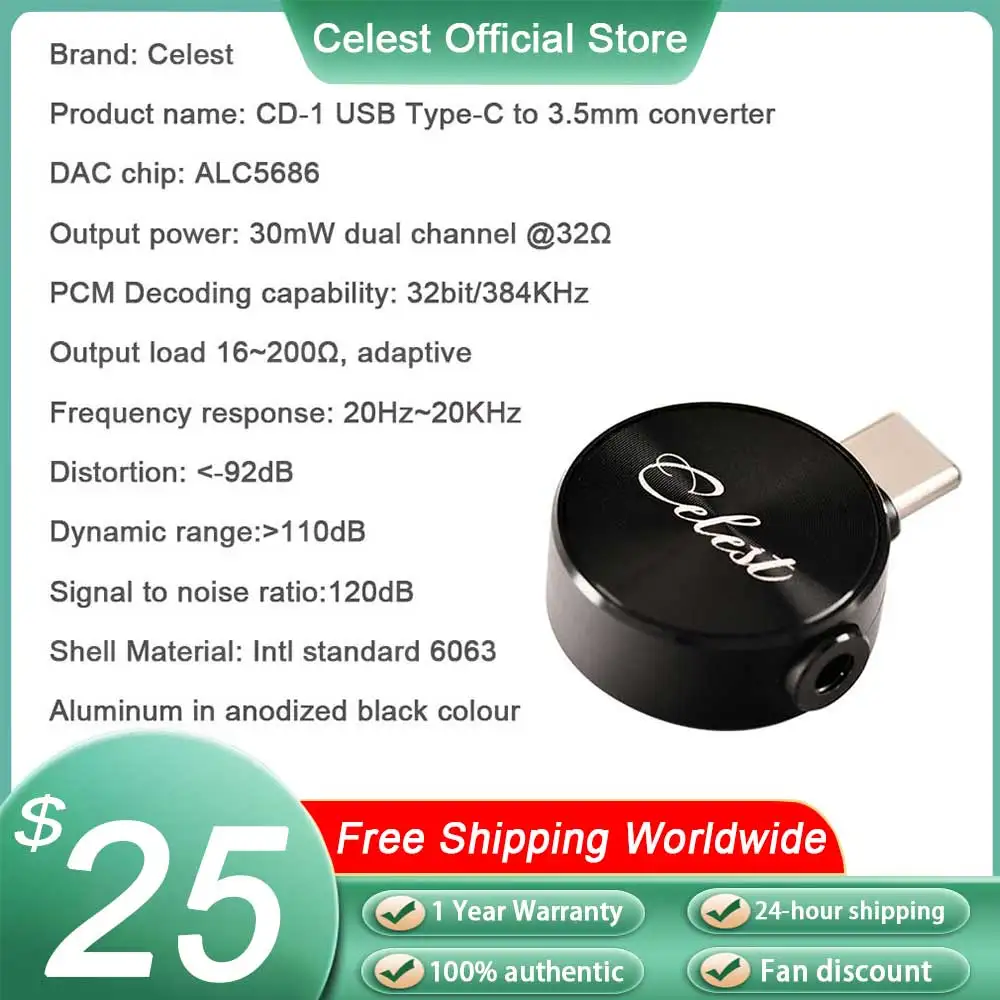 

Kinera Celest CD-1 USB Type-C to 3.5mm Decoding DAC Amp 384kHz/32bit Earphone Adapter Chip Converter For HiFi Music Headphone