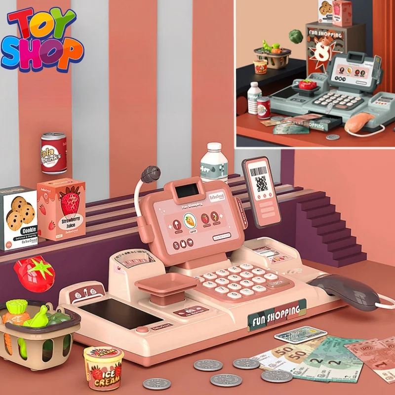 

Large Kids Simulate Cash Register Toy Imitating Supermarket Cashier Intelligent Test Scan Voice Prompt Play Baby Gift House Toys