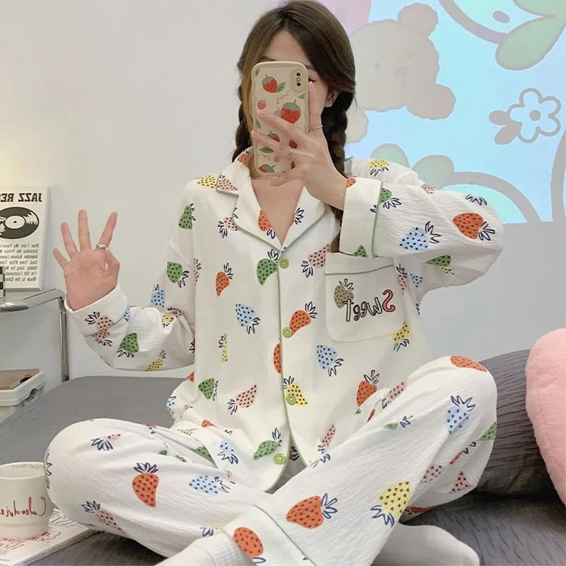 

Women Spring Autumn Strawberry Pajamas Long-sleeved Cotton Yarn Advanced Sense Sleepwear Girls Japanese Sweet Home Service Suit
