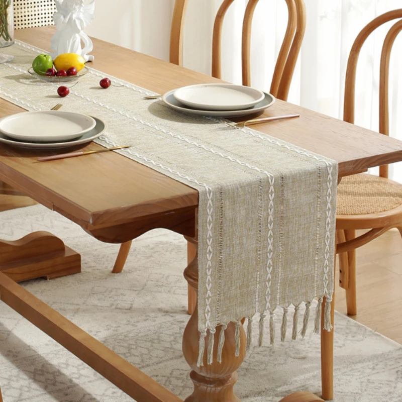 

Hand Woven Jute Natural Linen Table Runner with Tassels Rustic Country Wedding Birthday Christmas Decoration for Home Tablecloth