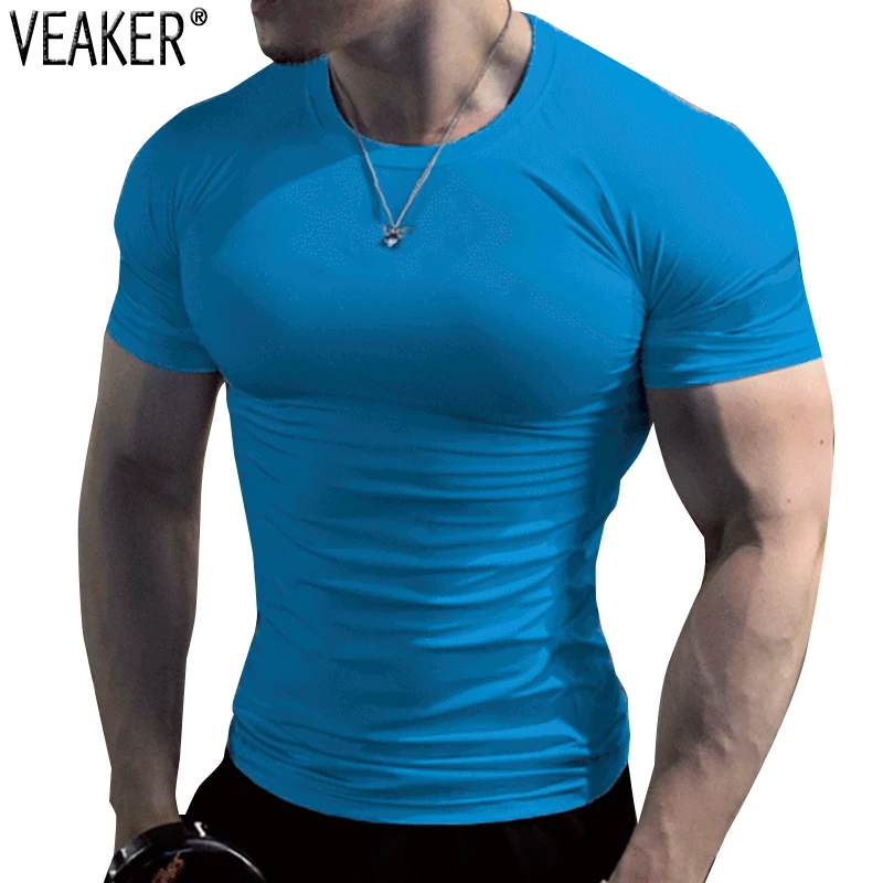 Camisetas ajustadas de verano para hombre, camisa deportiva de manga corta  con cuello redondo, Color sólido