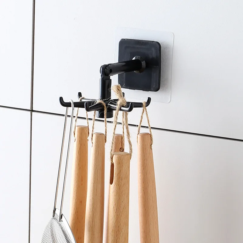 2pcs Black Kitchen Rotating Punch-free Wall-mounted Shelf 6 Rotating Hooks Pot Shovel Chopping Nail-free Adhesive Hook Rack