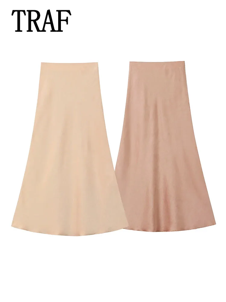 

TRAF 2024 Elegant Silk Texture Midi Office Ladies Women Clothes Streetwear All Match Y2k High Waist Female Skirt