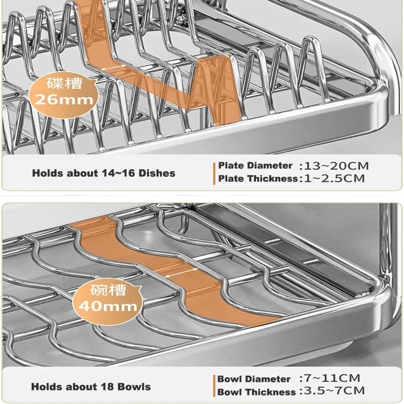 Stainless Steel Dish Drainer Kitchen Storage Organizer Bowl Rack with Drain Tableware Holder Cupboards 5