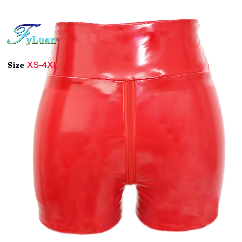 Shine PU Leather Short Pants Double Zipper Womens Shorts Elastic High Waist Wetlook  Latex Hot Goth Shorts Clubwear Party Shorts