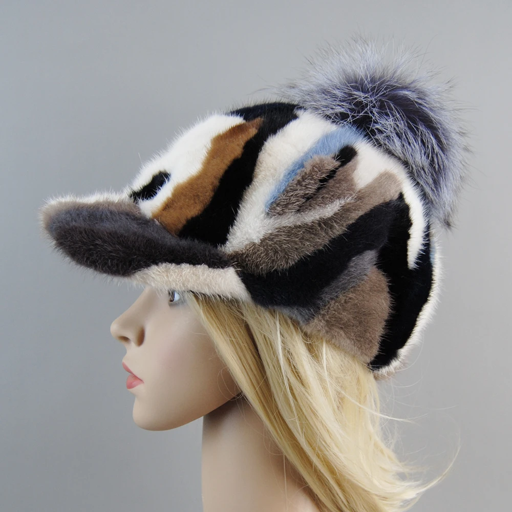 2025 Real Mink Fur Hat Women Thick Warm Russian Cap Female Cute Fashion Winter fox fur ball Hat Windproof Colorful Baseball Caps 2