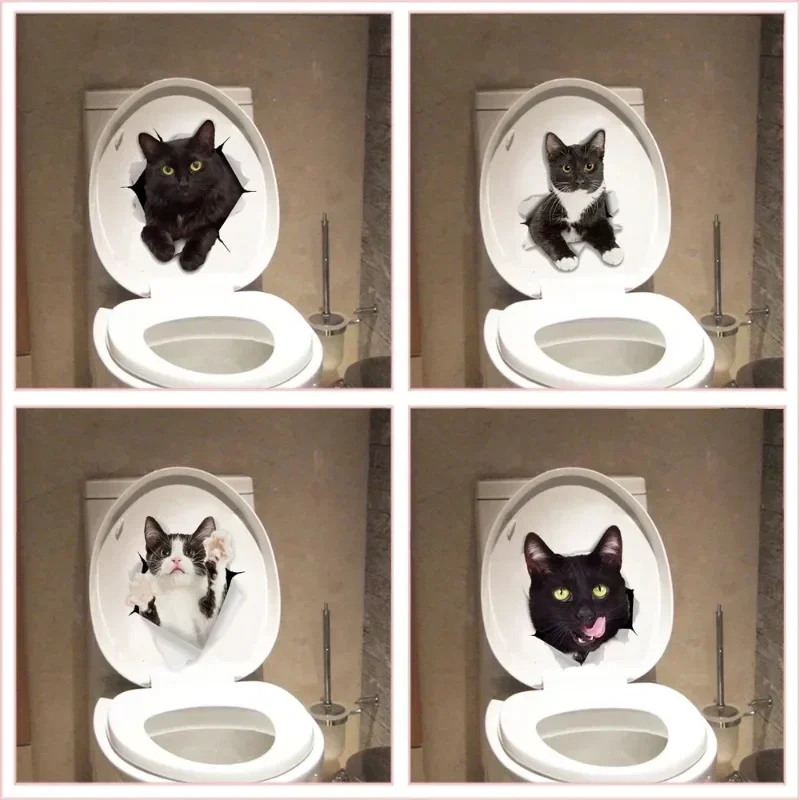 Vinyl Stickers Toilet Stickers Toilet Wall Stickers Toilet Seat Stickers Kitten Wall Stickers Vivid 3d Hole Funny Cat Dog Toilet Stickers Diy Wc Washroom Home Decoration Cute Kitten Puppy Pet Animals Wall Art Decals