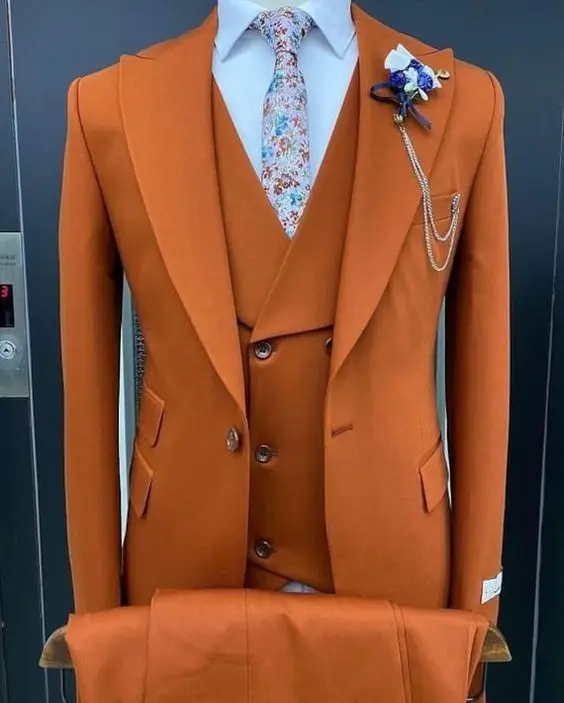 Fashion Dark Orange Men's Suits Slim Fit Formal Business Tuxedo Gentlemen Wedding Groom Suits Set 3 Piece(Blazer + Pants +Vest)