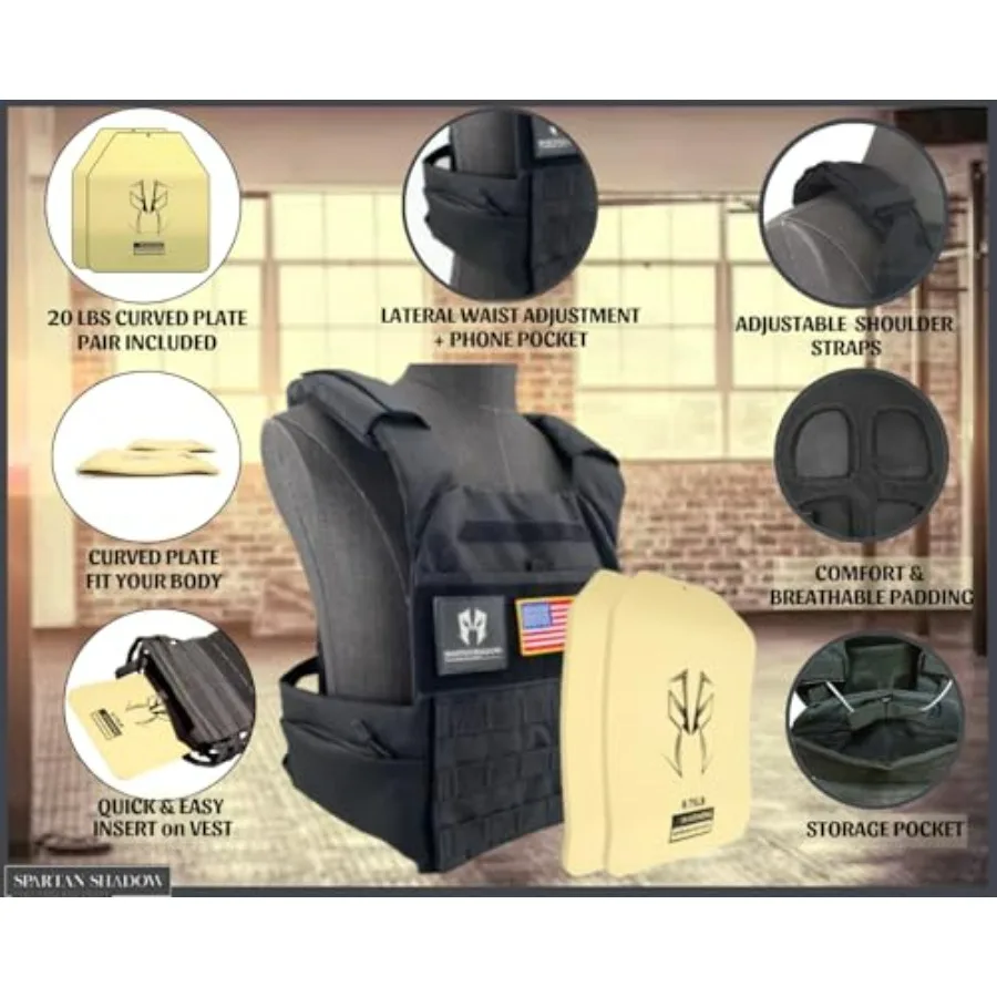 Weighted Vest Men 20lbs with weights : Curved Weight Vest Plates Pair Included - 20 Pounds workout vest with phone pocket. 20lb