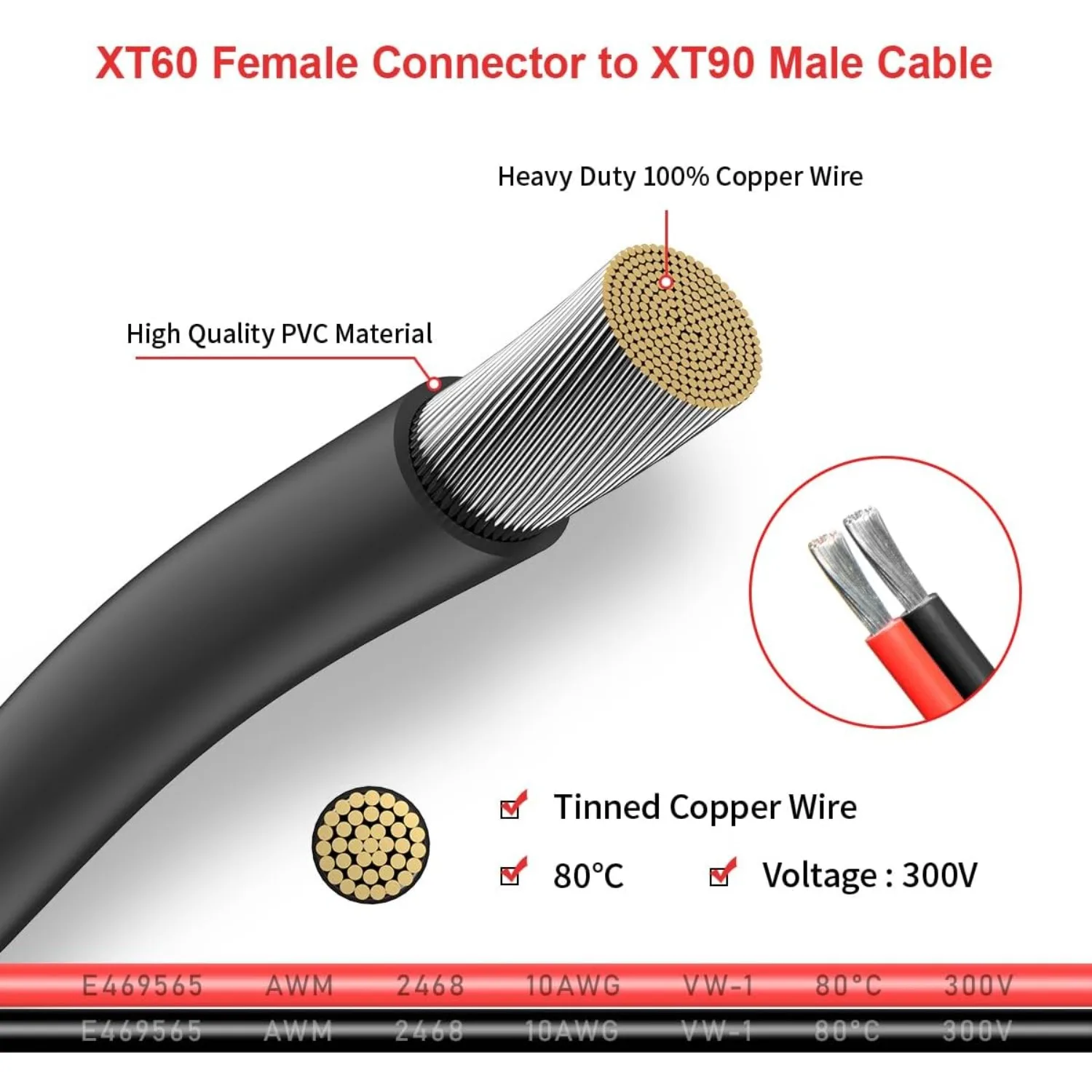 어댑터 케이블 10AWG 여성용 XT60 - 남성용 XT90 커넥터, RC 드론 리포 배터리용, DJI 및 ELFCULB 부품과 호환 가능