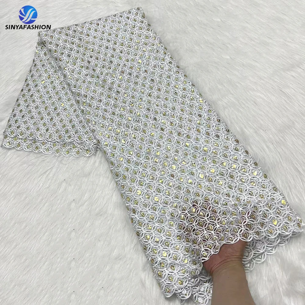 

Sinya 2024 Latest White Gold African Nigerian Lace Fabric High Quality Guipure Lace Cord Lace Fabric Embroidery For Party Dress