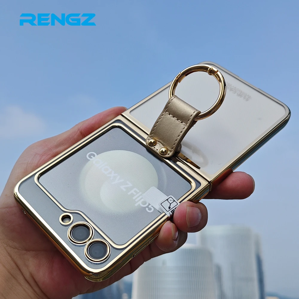 For Samsung Galaxy Z Flip 6 5 4 Case Luxury Electroplated Transparent Ring Holder Screen Film Hard Cover phone case