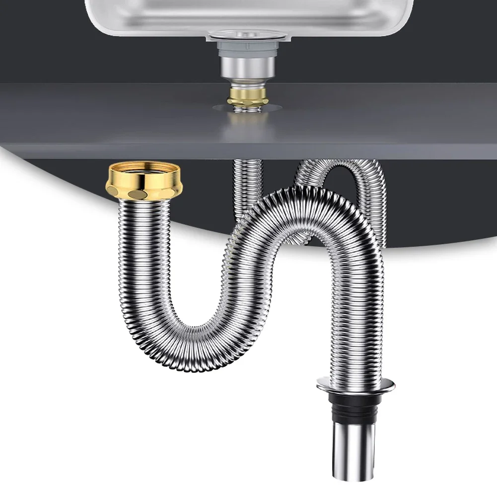 

40/60cm Stainless Steel Bathroom Kitchen Sink Siphon Waste Drain Flexible Pipe Hose Home Retractable Drainage Tube