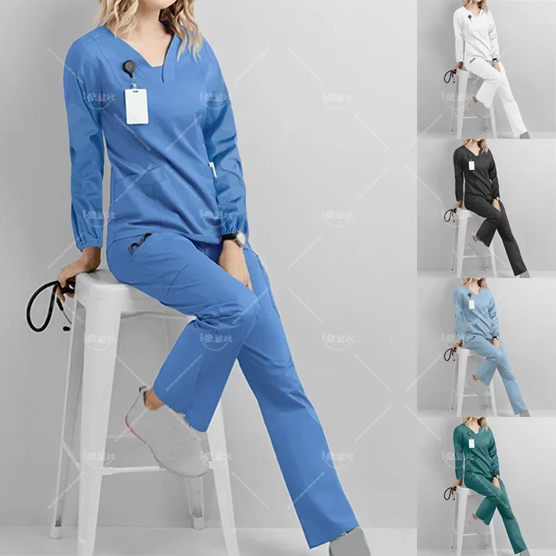 

New models Women 2023 Long Sleeve V-neck Pocket Care Workers T-shirt Tops Autumn Uniformes