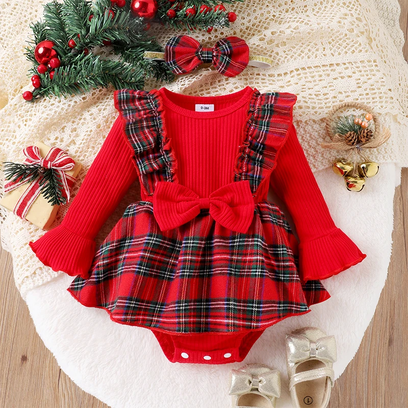 

2023-09-06 Lioraitiin 0-12M Newborn Baby Girls Christmas Rompers Infant Long Sleeve Ribbed Plaid Round Neck Jumpsuits Headband