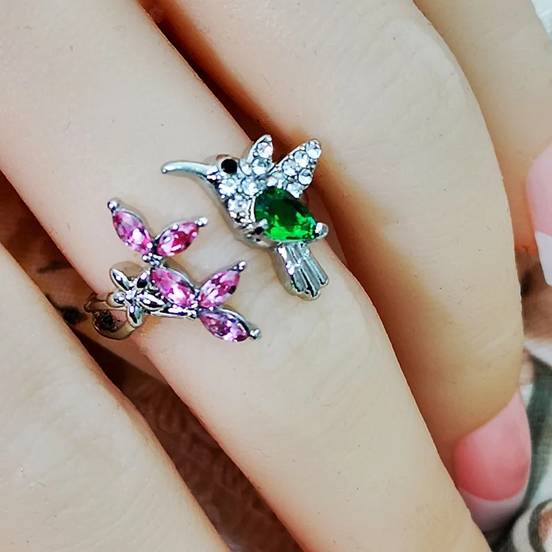 

European and American popular bird ring, female inlaid pink emerald color zircon ring