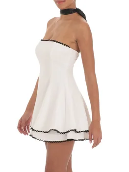 Women Strapless Mini Dress Summer Scalloped Trim A-Line Party Dress and Satin Scarf Set for Cocktail Beach Streetwear 2