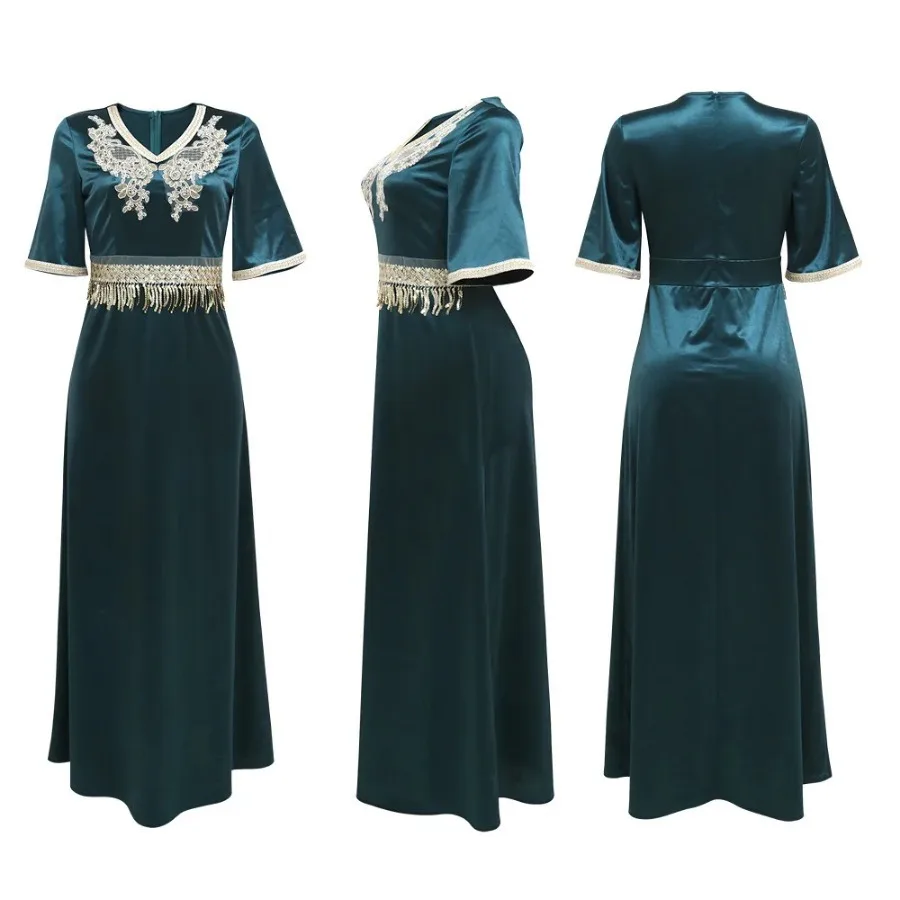 2024 Summer Satin Maxi Dress Women Fashion Embroidered Tassel Sequins Abaya Muslim Dubai Evening Party Gown Jalabiya Abayas Robe