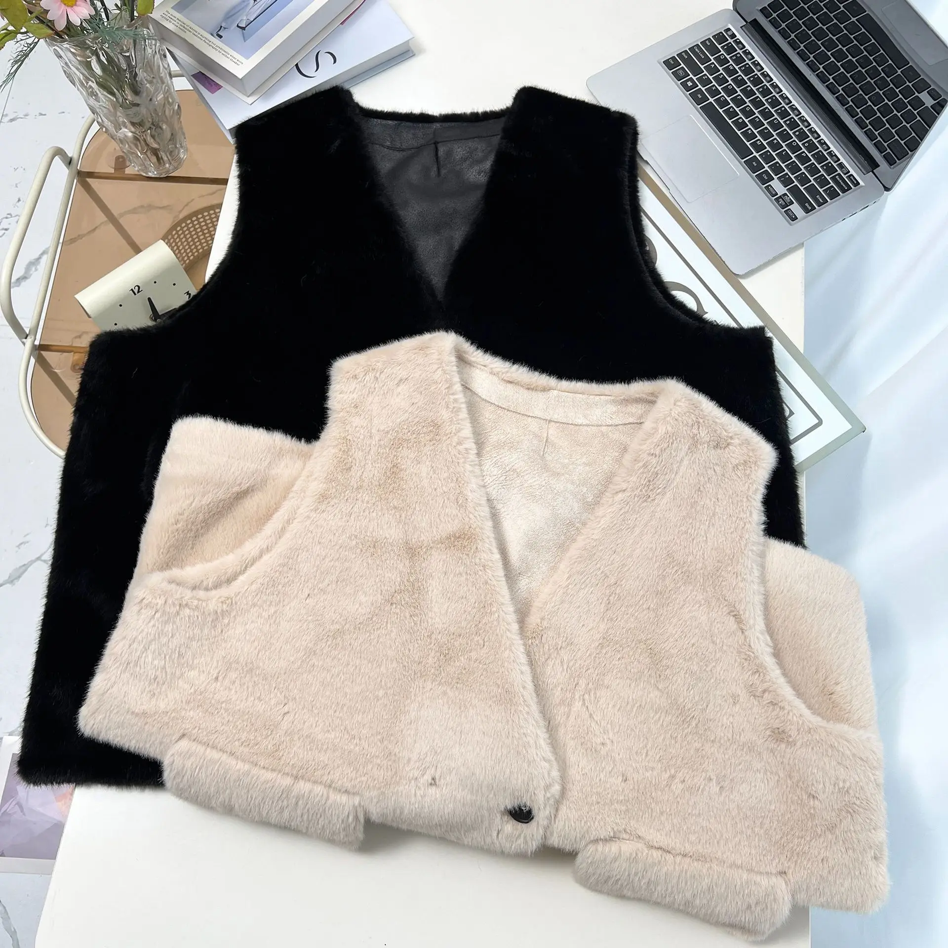 XXXXXXL Fashion Plus Size Women's Faux Fur Vest New Stylish mid-length Winter Warm Sleeveless V-Neck Waistcoat 25016