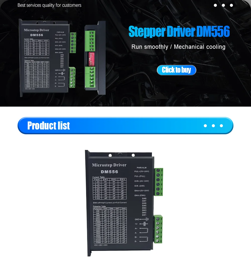 Description Picture 2 of itemDM556 2 Phase Microstep Motor Driver 20-50V DC 1.4-5.6A Suitble for NEMA17 NEMA23 Stepper Motor Controller 42 57 Stepper Motor