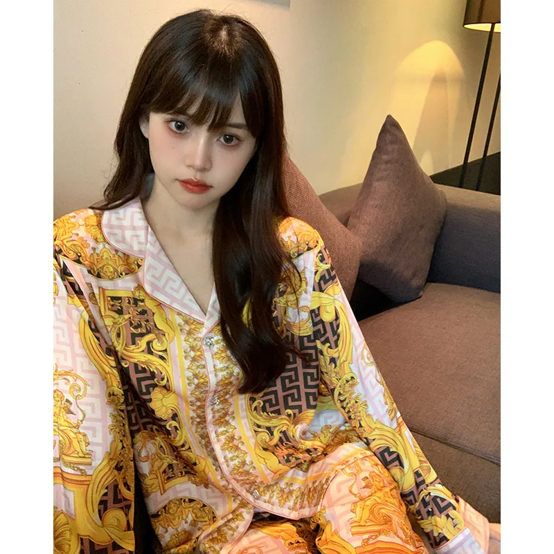 

High-grade Pajamas for Women Spring Autumn Pijama Long Sleeve Ice Silk Sleepwear Set for female Pyjama