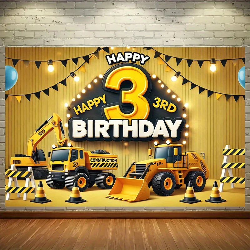 Alles Gute zum 3. Geburtstag, Architektur-Themenhintergrundbanner – lebendiges gelbes BaggerdesignL – Detail 6