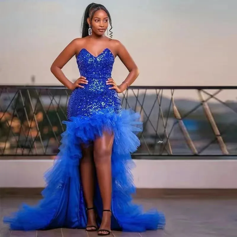 

Sparkly Royal Blue Prom Dresses Sequin Mermaid Evening Dresses Tulle High Low Sweetheart Long Ruffles Women Formal Party Dress
