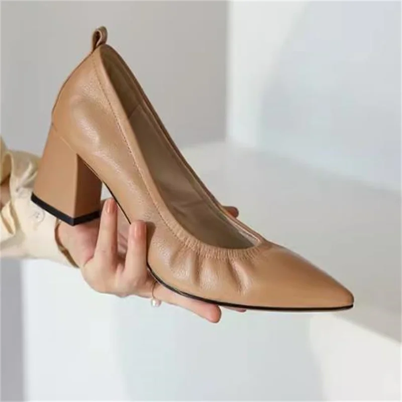 

Pleated Shoes for Ladies Pointed Toes Women Shallow Churry High Heels Solid Chassure Femme Leather Tacones Sewing Female Pumps