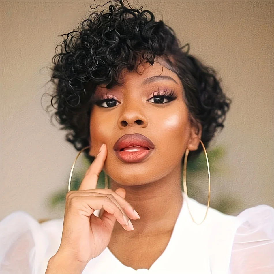 13*4*1 frontal lace wig human hair wigs for women short curly pixie human hair wigs 6inch 150% density pixie natural color