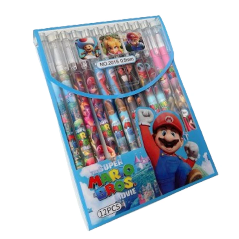 12pcs 슈퍼 마리오 브라더스 지울 수있는 펜 애니메이션 0.5mm 블랙 젤 펜 학교 사무용품 편지지 학생 쓰기 중립 펜 선물