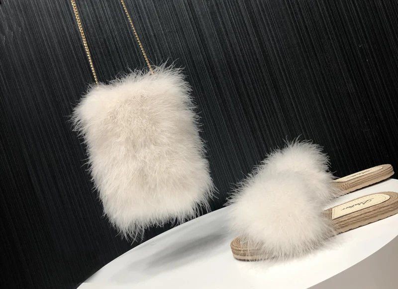 Luxuriöse Damen-Tasche aus echtem Straußenfedern, Geldbörse, Münztasche, flauschige weiße Abend-Umhängetasche – Detail 12