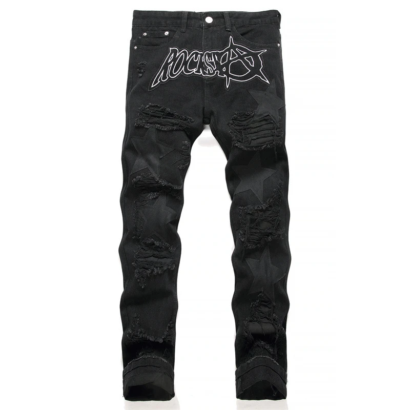 

Black Ripped Applique Embroidered Jeans Punk Style Mid-Rise Slim Pencil Pants Fashion Streetwear