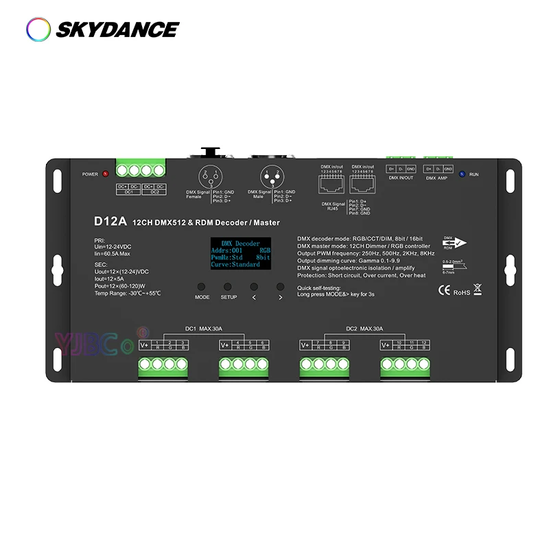 Skydance 12 Canali Cv Dmx512 Decoder Display Oled 12V-24V 12Ch 4-Pwm Rdm Dmx Master Rgb Led Strip Tape Controller 8 Bit/16Bit