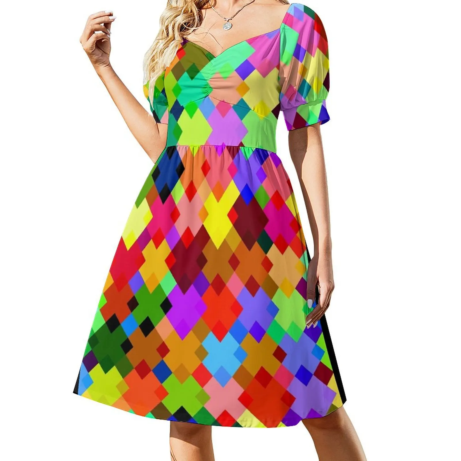 thumbnail image 1 of Vestido de manga corta con cuadros brillantes para mujer, vestido de fiesta, traje de festival, vestido de mujer, 1 of 7