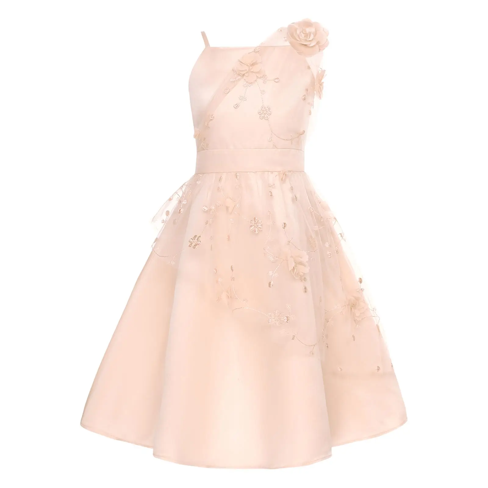 Kinder Blumenmädchen Blumen besticktes Tüllkleid Spaghettiträger hohe Taille Kleider formelle Hochzeit Geburtstag Party Abendkleid – Detail 16