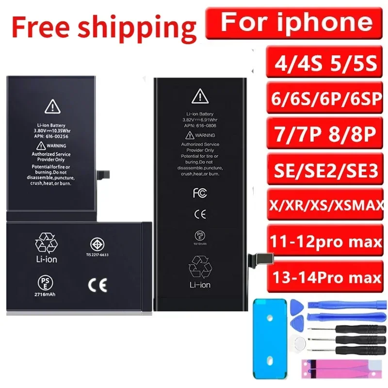 

100% Original Battery for IPhone X XR XS 11 12mini 13pro 14 Pro Max Replacement Bateria for Apple 5S 6S 7 8PLSU