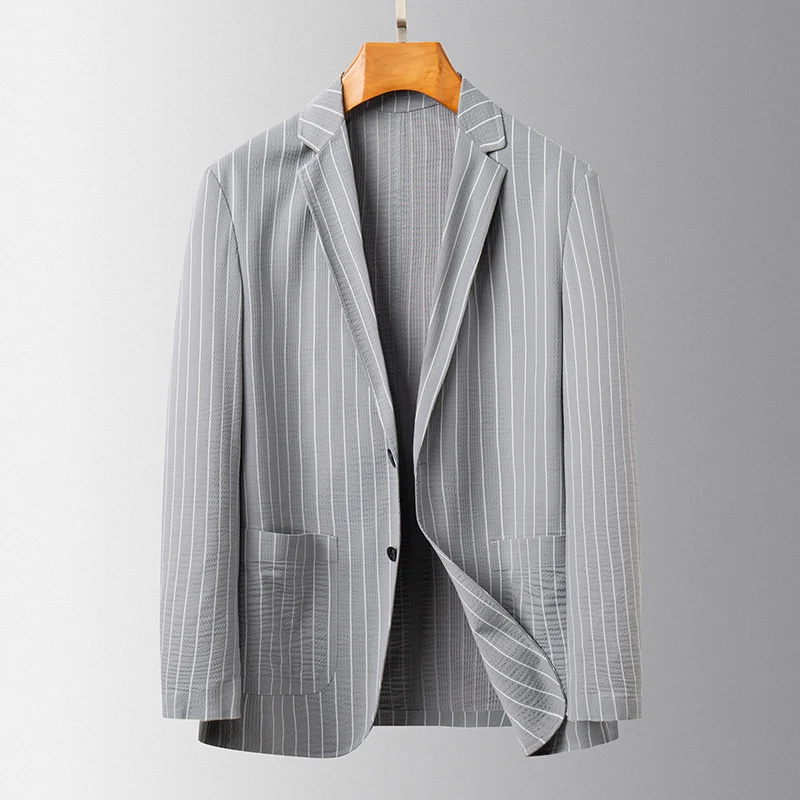 

Men Luxury High-end Spring Blazer Fashion Lightweight Grey & Black Striped Business Casual Suit Jacket Man Clothing 2023