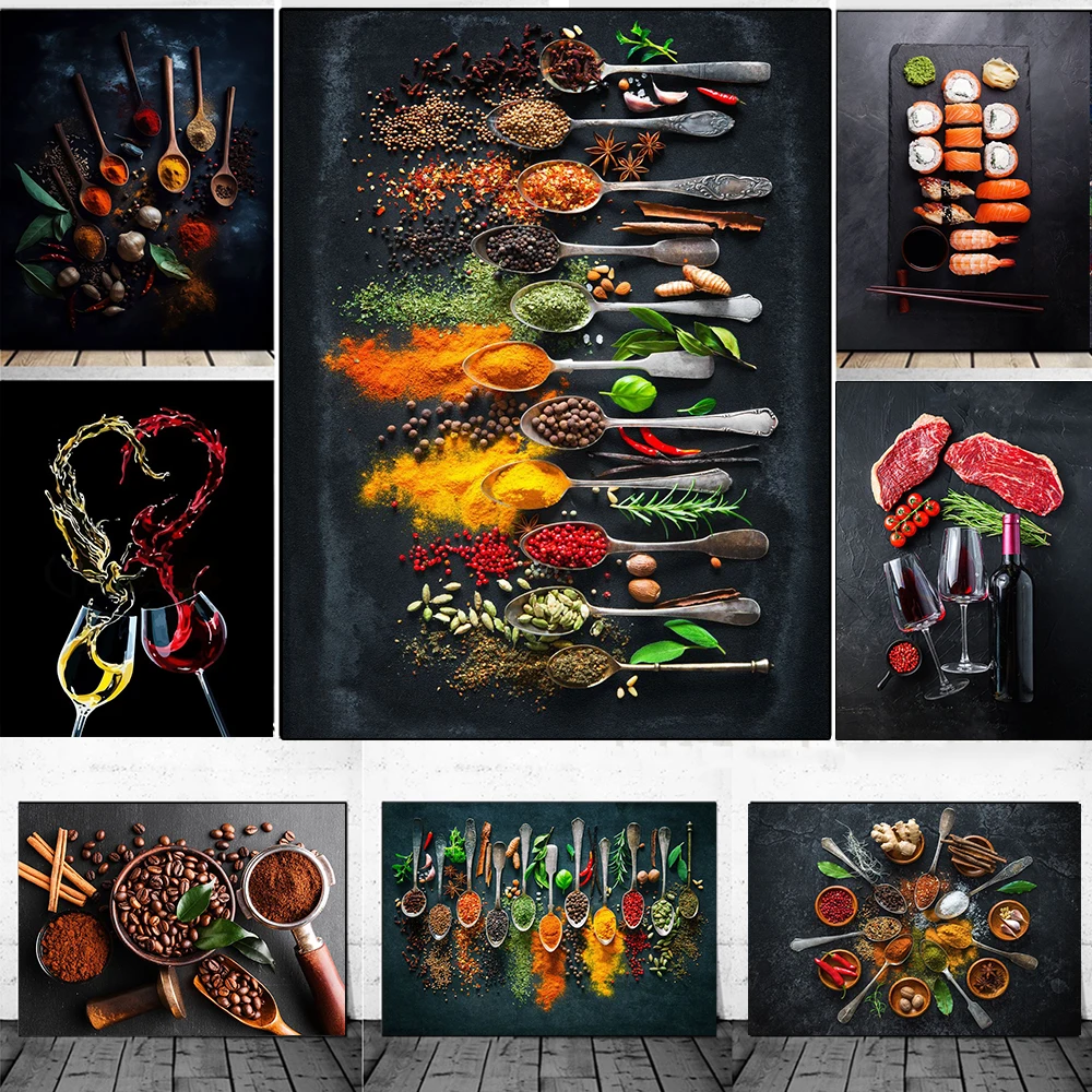modern cooking herbs spices sushi kitchen utensils spoon wall art canvas painting luxury artwork poster print home picture decor - aliexpress