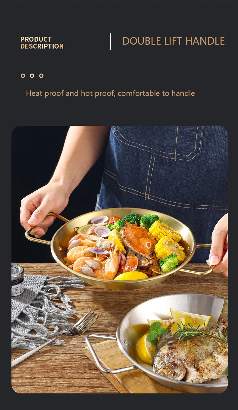 Stainless Steel Golden Serving Tray Round Spanish Seafood Cooking Pan With Two Handles Wok - 30Cm