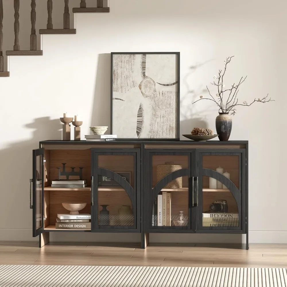 2PCS Sideboards with, Glass Door, Adjustable Shelf, Modern Accent Cabinet, Modern Accent Storage Cabinet, Arched Sideboards 6