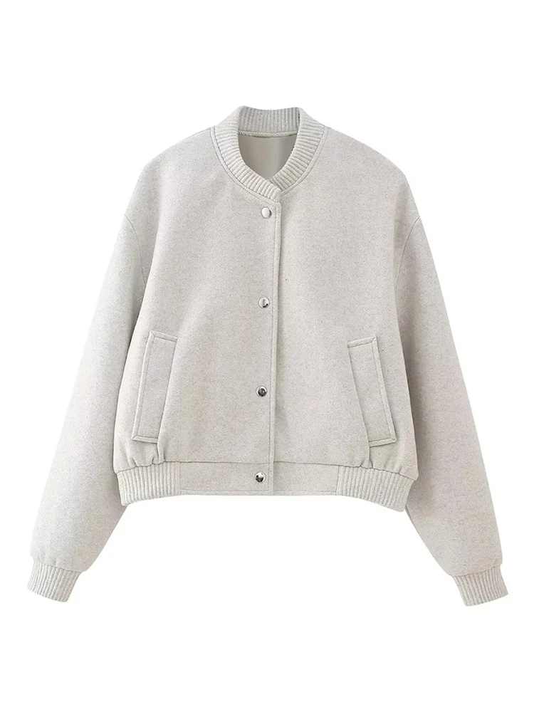 

Womens 2023 Fashion Covered Button Black Short Outwear Chic Lady O-Neck Long Sleeve Autumn New Casual White Soft Bomber Jackets